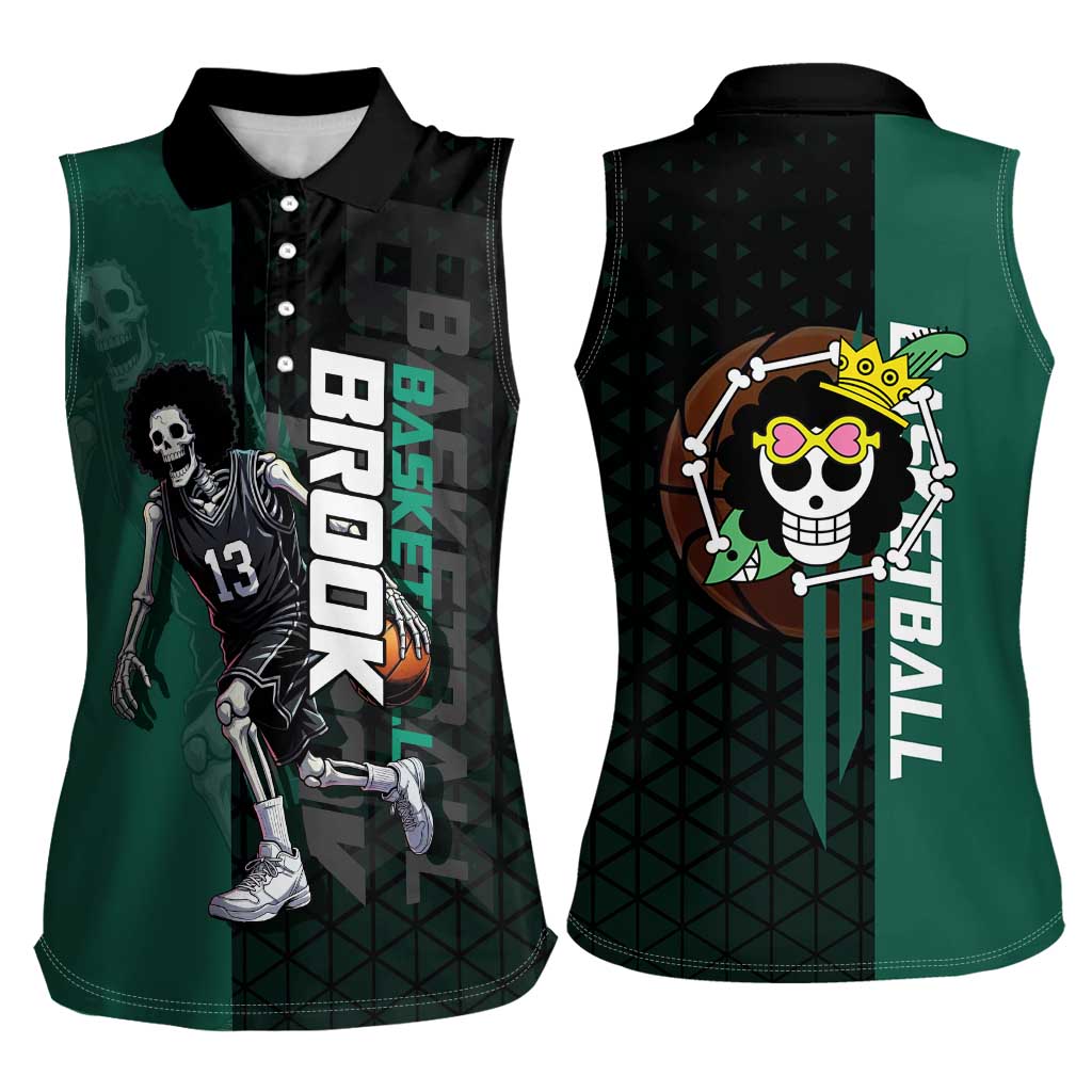 Brook One Piece Basketball Theme Green and Black Design Women Sleeveless Polo Shirt with Skull Emblem and Energetic Pose - The Mazicc