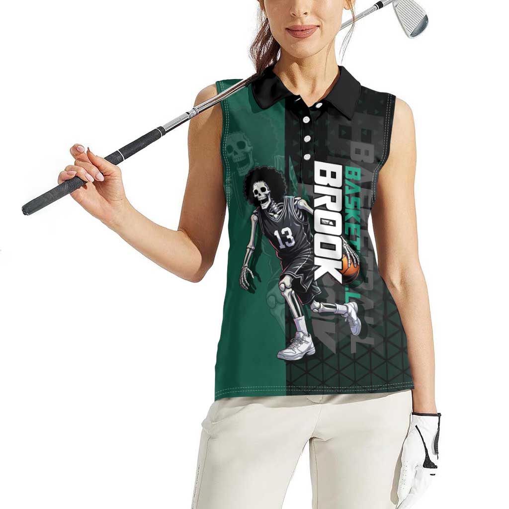 Brook One Piece Basketball Theme Green and Black Design Women Sleeveless Polo Shirt with Skull Emblem and Energetic Pose - The Mazicc
