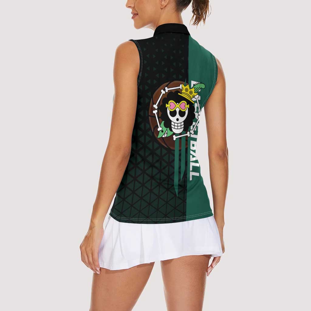Brook One Piece Basketball Theme Green and Black Design Women Sleeveless Polo Shirt with Skull Emblem and Energetic Pose - The Mazicc