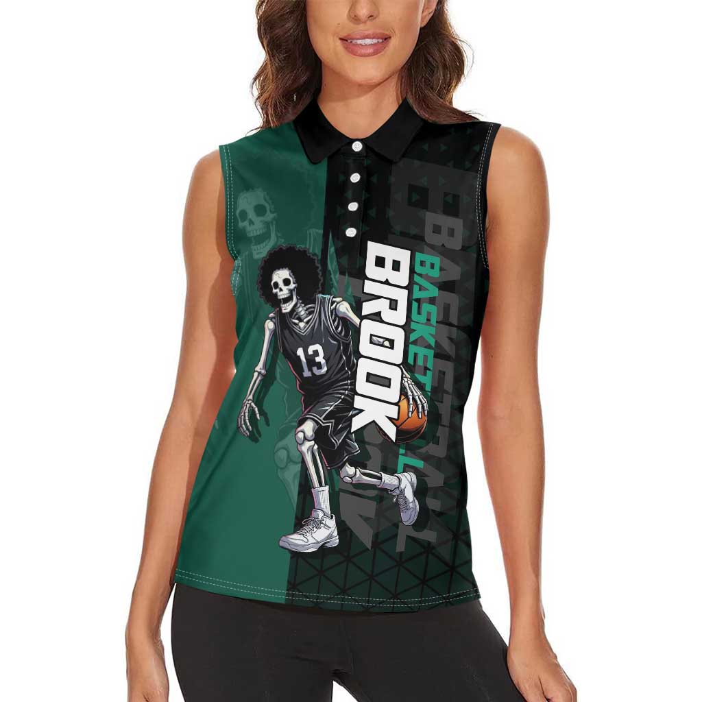 Brook One Piece Basketball Theme Green and Black Design Women Sleeveless Polo Shirt with Skull Emblem and Energetic Pose - The Mazicc