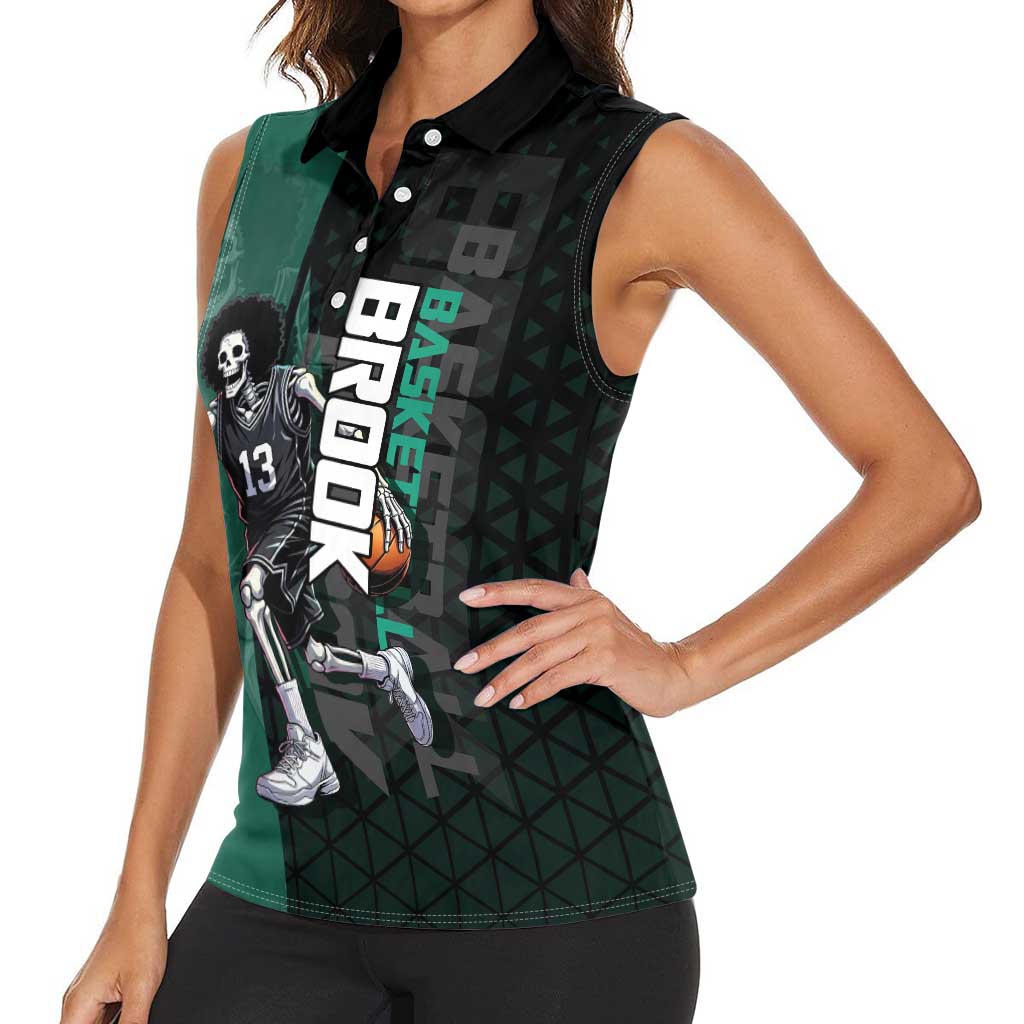 Brook One Piece Basketball Theme Green and Black Design Women Sleeveless Polo Shirt with Skull Emblem and Energetic Pose - The Mazicc