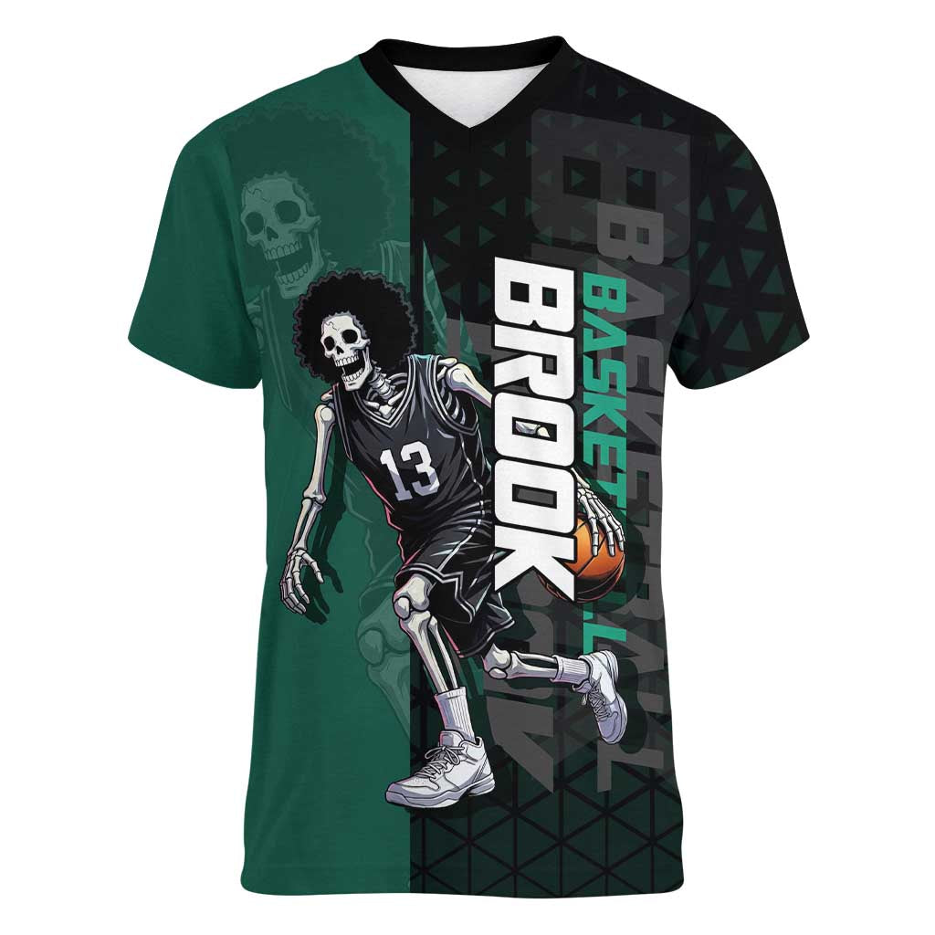 Brook One Piece Basketball Theme Green and Black Design Women V-Neck T-Shirt with Skull Emblem and Energetic Pose - The Mazicc