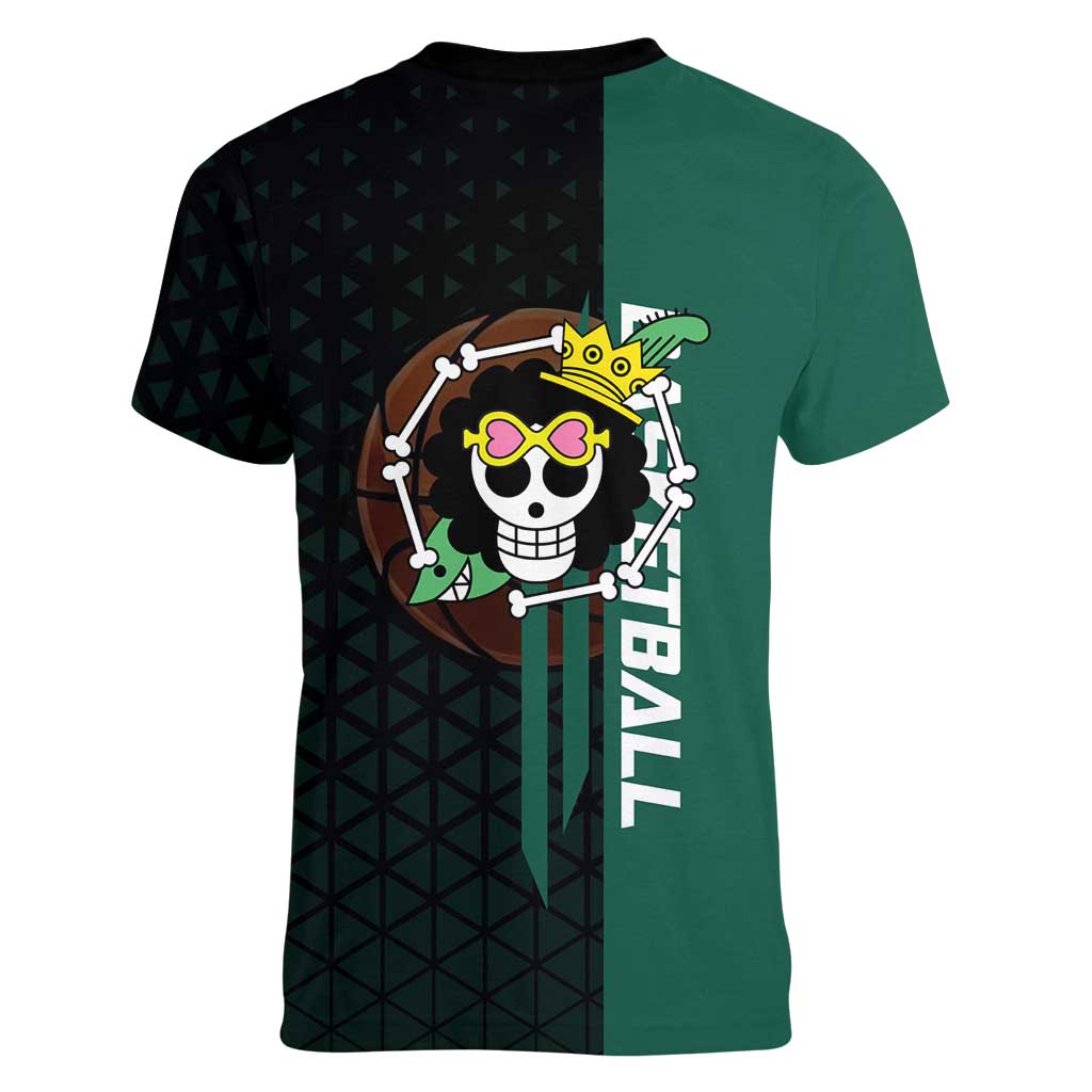 Brook One Piece Basketball Theme Green and Black Design Women V-Neck T-Shirt with Skull Emblem and Energetic Pose - The Mazicc