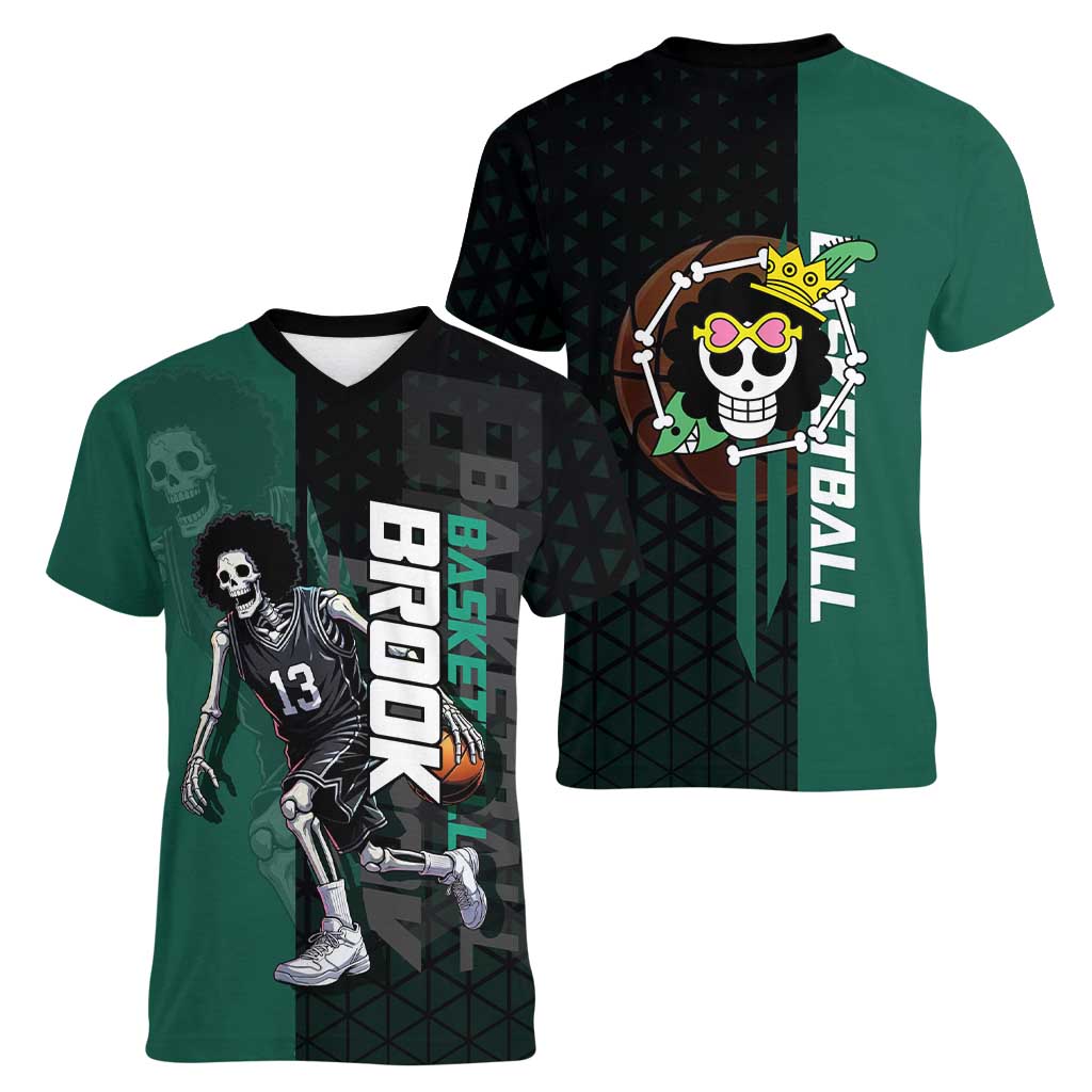 Brook One Piece Basketball Theme Green and Black Design Women V-Neck T-Shirt with Skull Emblem and Energetic Pose - The Mazicc