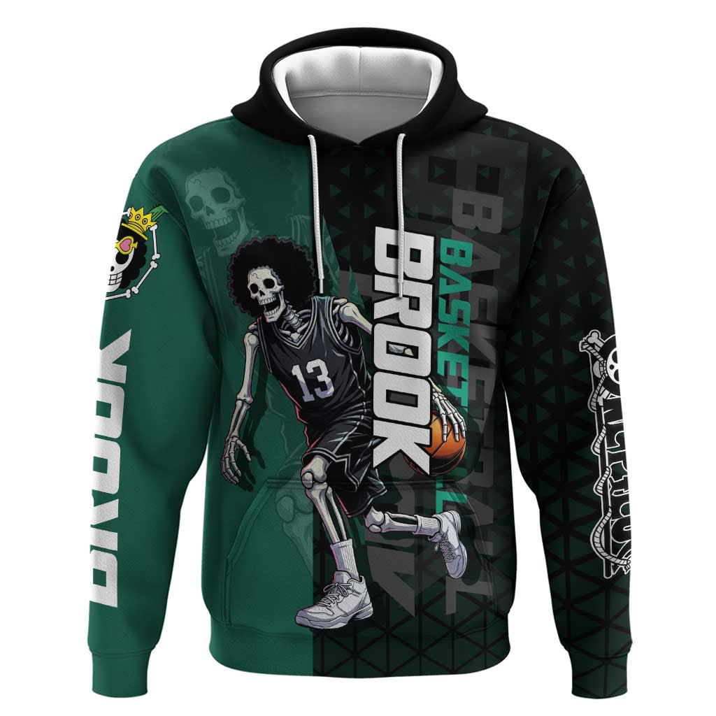 Brook One Piece Basketball Theme Green and Black Design Zip Hoodie with Skull Emblem and Energetic Pose - The Mazicc