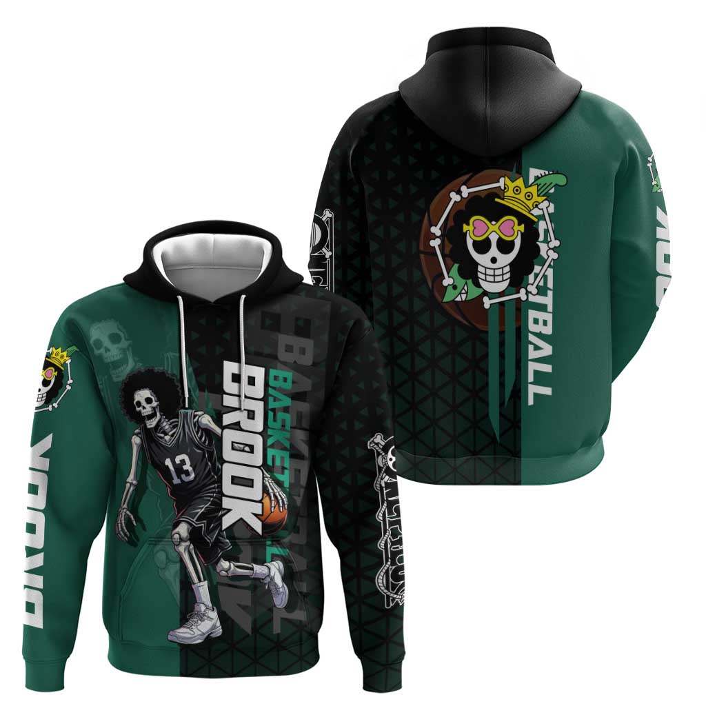 Brook One Piece Basketball Theme Green and Black Design Zip Hoodie with Skull Emblem and Energetic Pose - The Mazicc