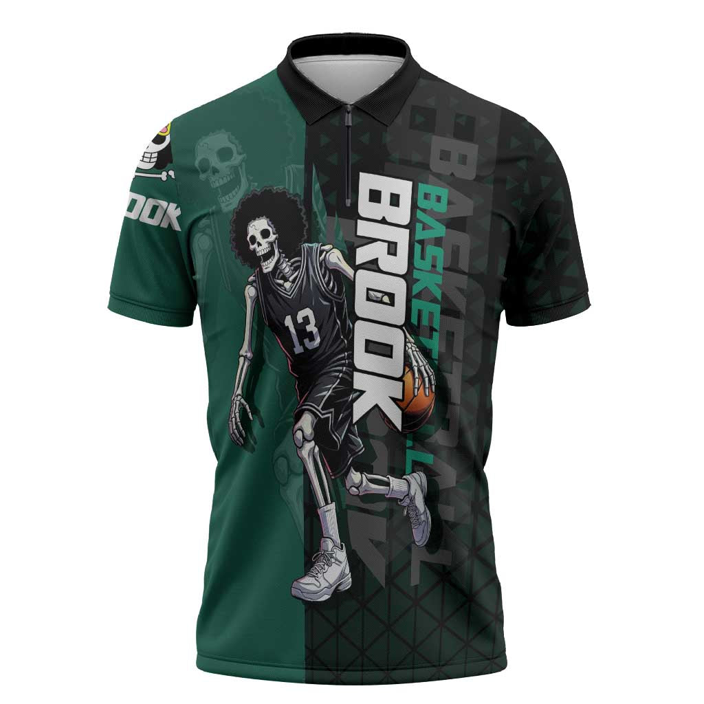 Brook One Piece Basketball Theme Green and Black Design Zipper Polo Shirt with Skull Emblem and Energetic Pose - The Mazicc