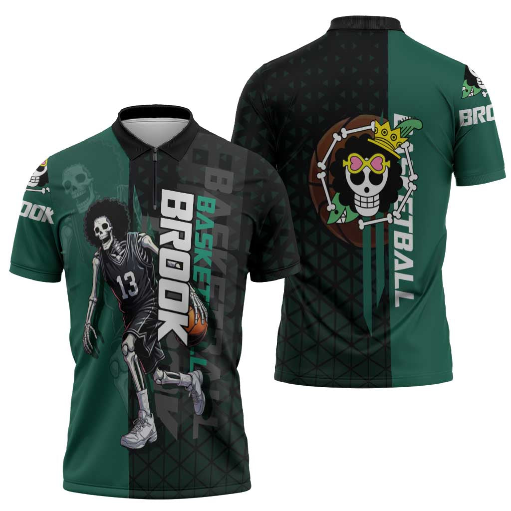 Brook One Piece Basketball Theme Green and Black Design Zipper Polo Shirt with Skull Emblem and Energetic Pose - The Mazicc