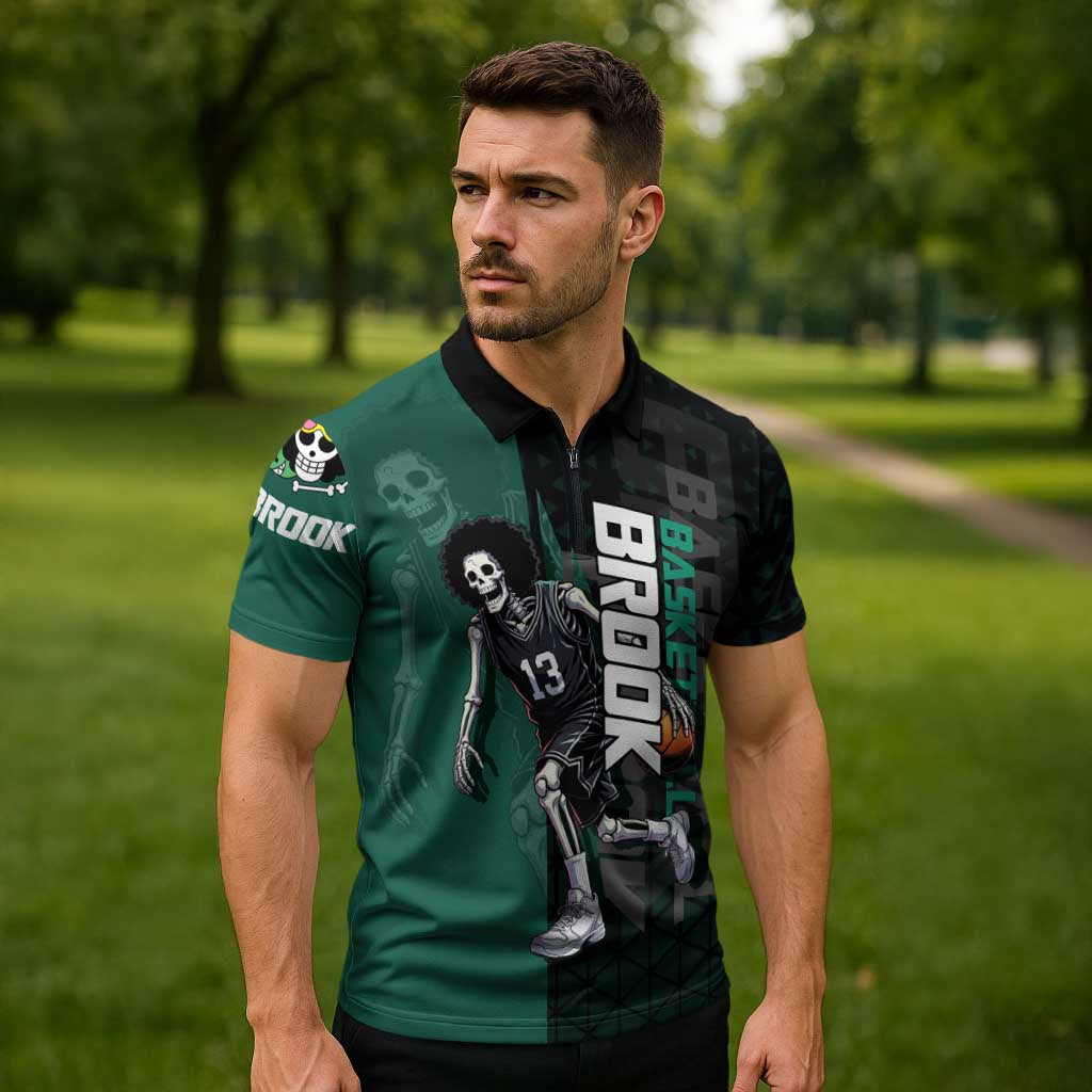 Brook One Piece Basketball Theme Green and Black Design Zipper Polo Shirt with Skull Emblem and Energetic Pose - The Mazicc