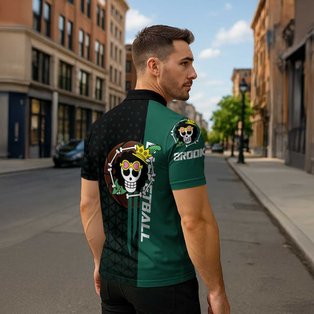 Brook One Piece Basketball Theme Green and Black Design Zipper Polo Shirt with Skull Emblem and Energetic Pose - The Mazicc