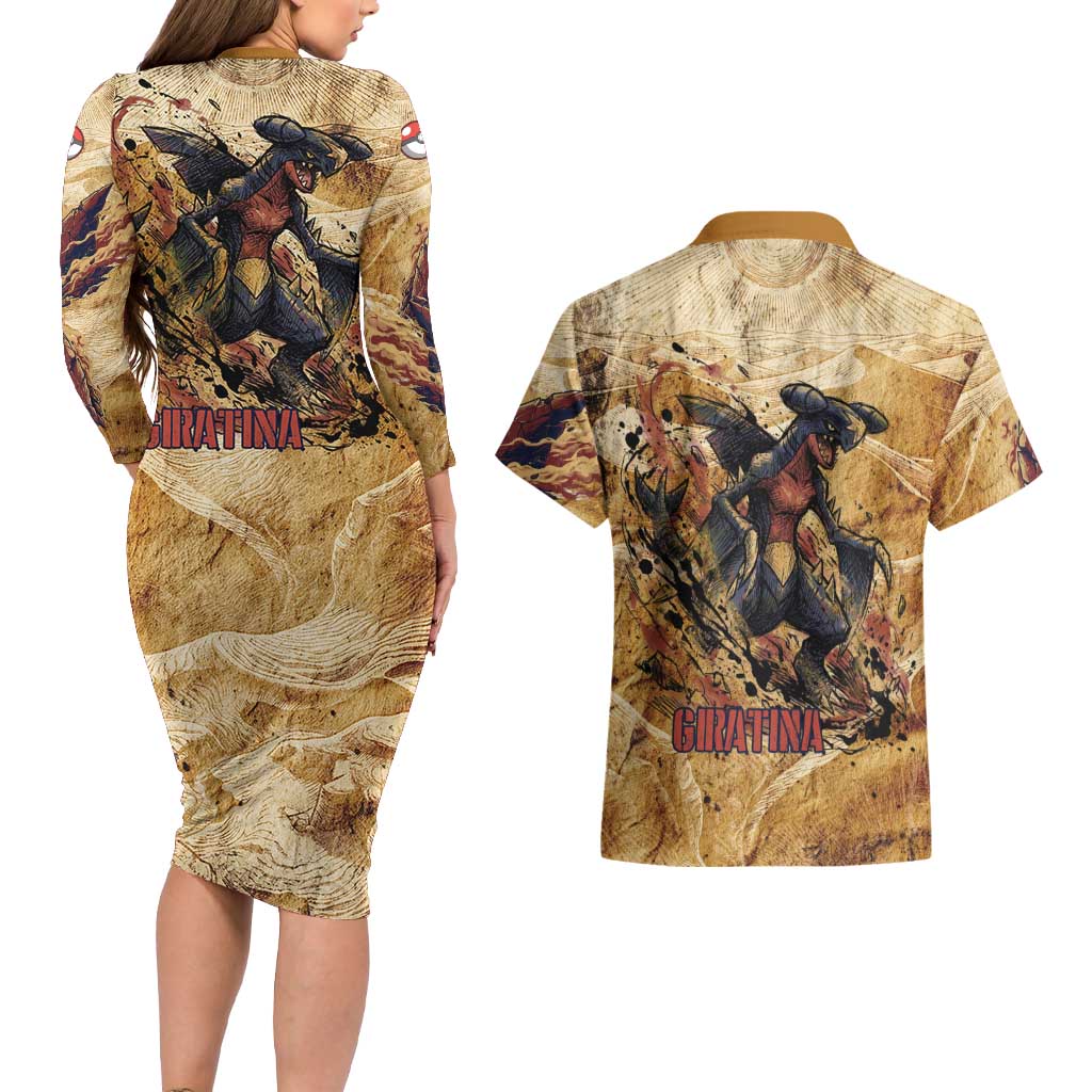 The Desert Apex Giratina Couples Matching Long Sleeve Bodycon Dress and Hawaiian Shirt Grunge Ink Sandstorm Art