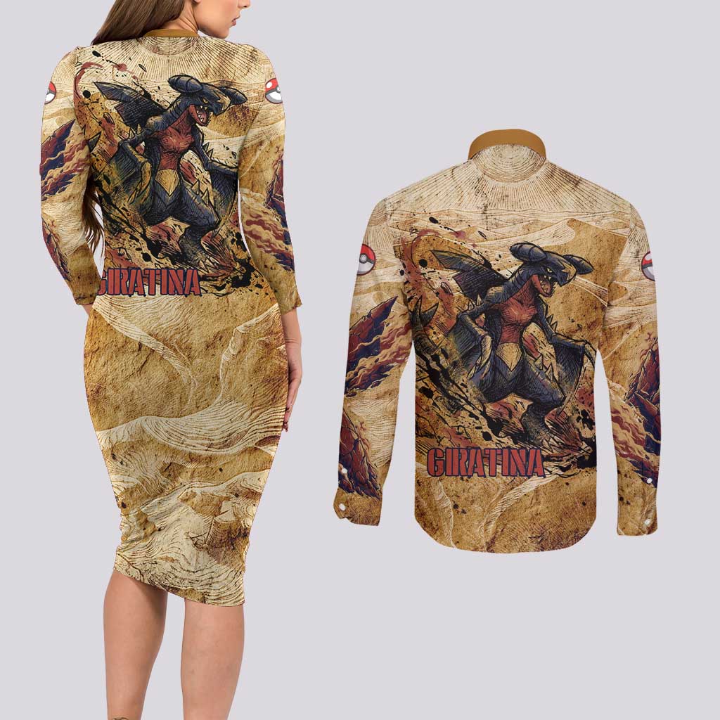 The Desert Apex Giratina Couples Matching Long Sleeve Bodycon Dress and Long Sleeve Button Shirt Grunge Ink Sandstorm Art