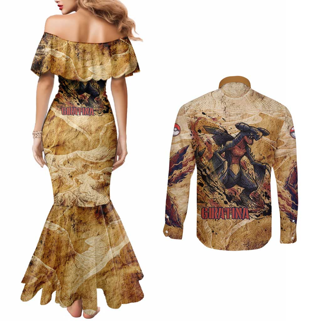 The Desert Apex Giratina Couples Matching Mermaid Dress and Long Sleeve Button Shirt Grunge Ink Sandstorm Art