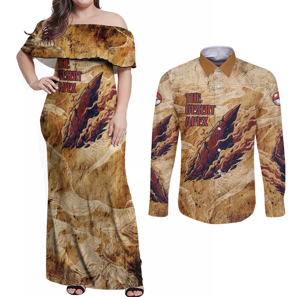 The Desert Apex Giratina Couples Matching Off Shoulder Maxi Dress and Long Sleeve Button Shirt Grunge Ink Sandstorm Art