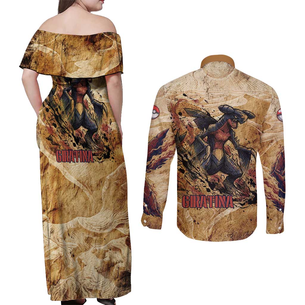 The Desert Apex Giratina Couples Matching Off Shoulder Maxi Dress and Long Sleeve Button Shirt Grunge Ink Sandstorm Art