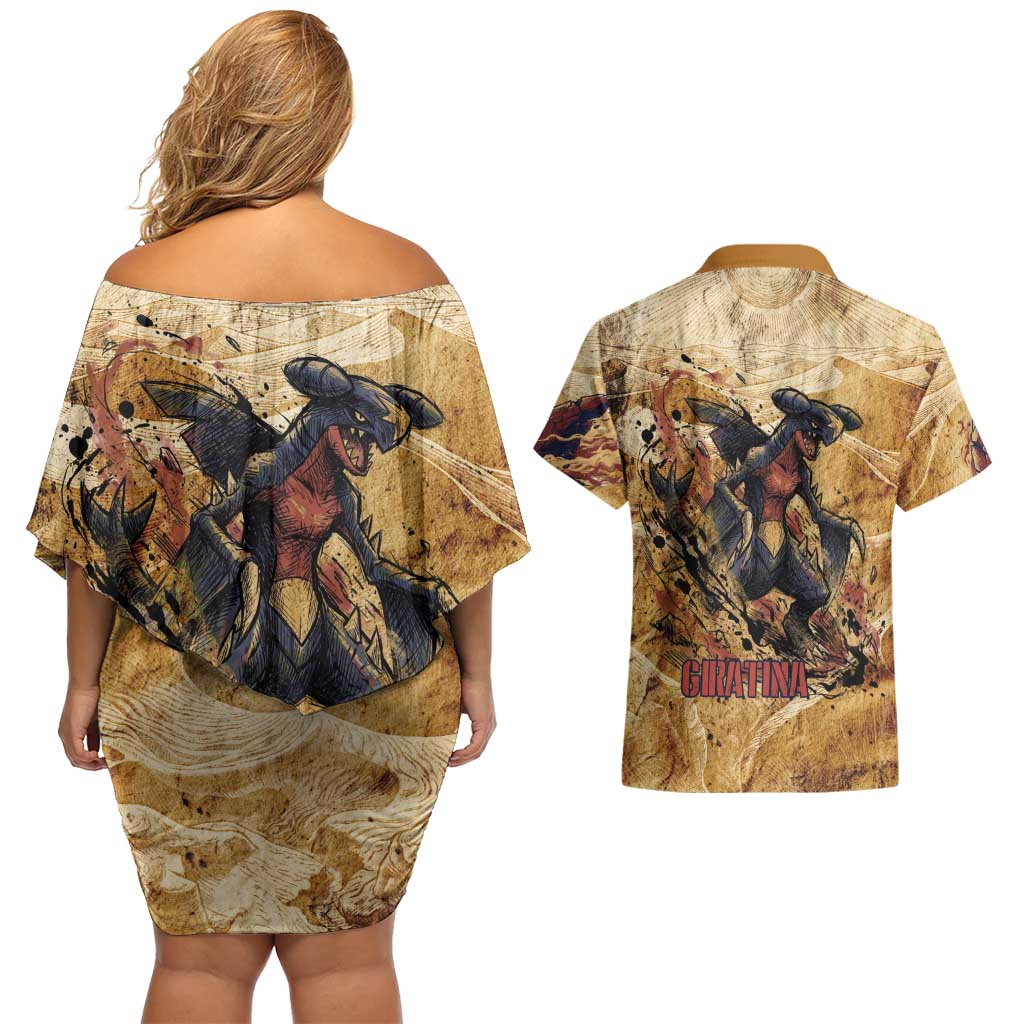 The Desert Apex Giratina Couples Matching Off Shoulder Short Dress and Hawaiian Shirt Grunge Ink Sandstorm Art