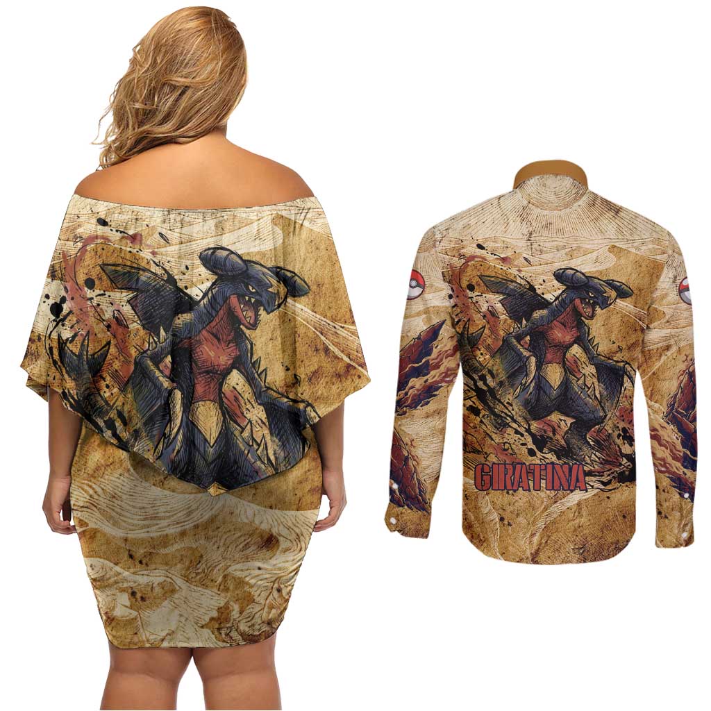 The Desert Apex Giratina Couples Matching Off Shoulder Short Dress and Long Sleeve Button Shirt Grunge Ink Sandstorm Art