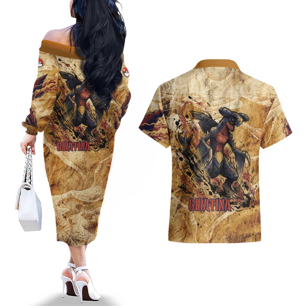 The Desert Apex Giratina Couples Matching Off The Shoulder Long Sleeve Dress and Hawaiian Shirt Grunge Ink Sandstorm Art