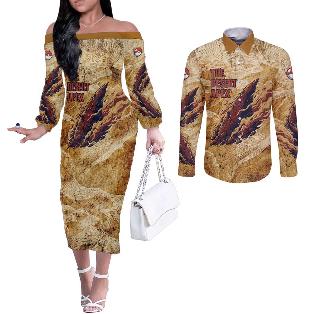 The Desert Apex Giratina Couples Matching Off The Shoulder Long Sleeve Dress and Long Sleeve Button Shirt Grunge Ink Sandstorm Art