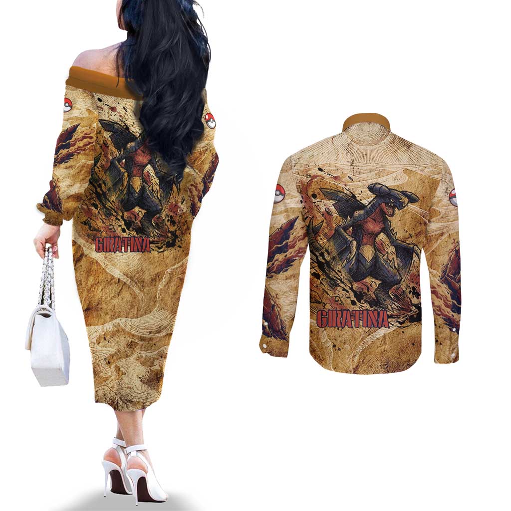 The Desert Apex Giratina Couples Matching Off The Shoulder Long Sleeve Dress and Long Sleeve Button Shirt Grunge Ink Sandstorm Art