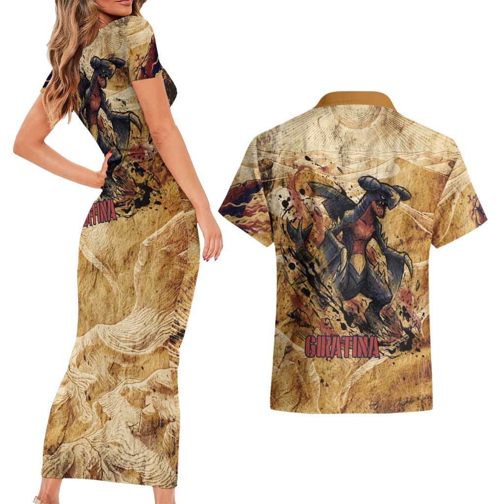 The Desert Apex Giratina Couples Matching Short Sleeve Bodycon Dress and Hawaiian Shirt Grunge Ink Sandstorm Art