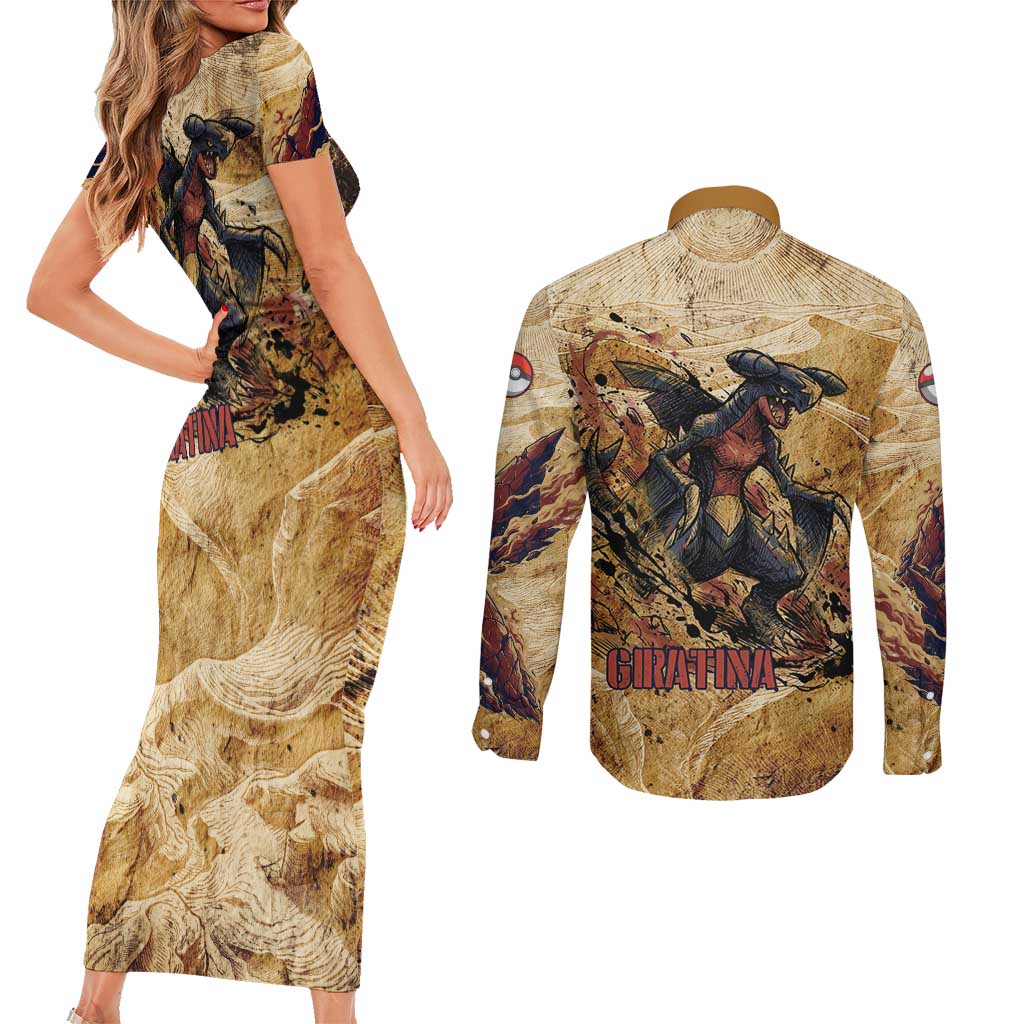 The Desert Apex Giratina Couples Matching Short Sleeve Bodycon Dress and Long Sleeve Button Shirt Grunge Ink Sandstorm Art