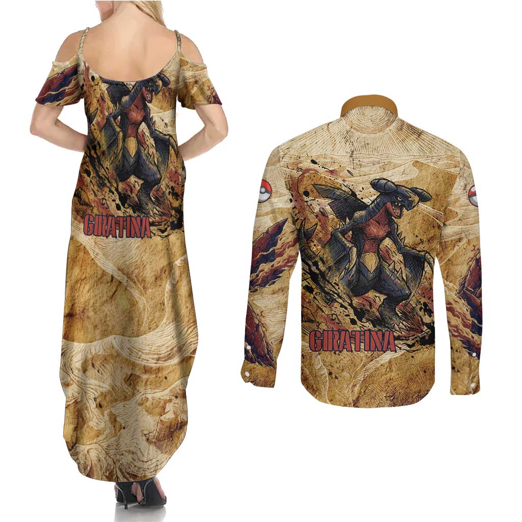 The Desert Apex Giratina Couples Matching Summer Maxi Dress and Long Sleeve Button Shirt Grunge Ink Sandstorm Art
