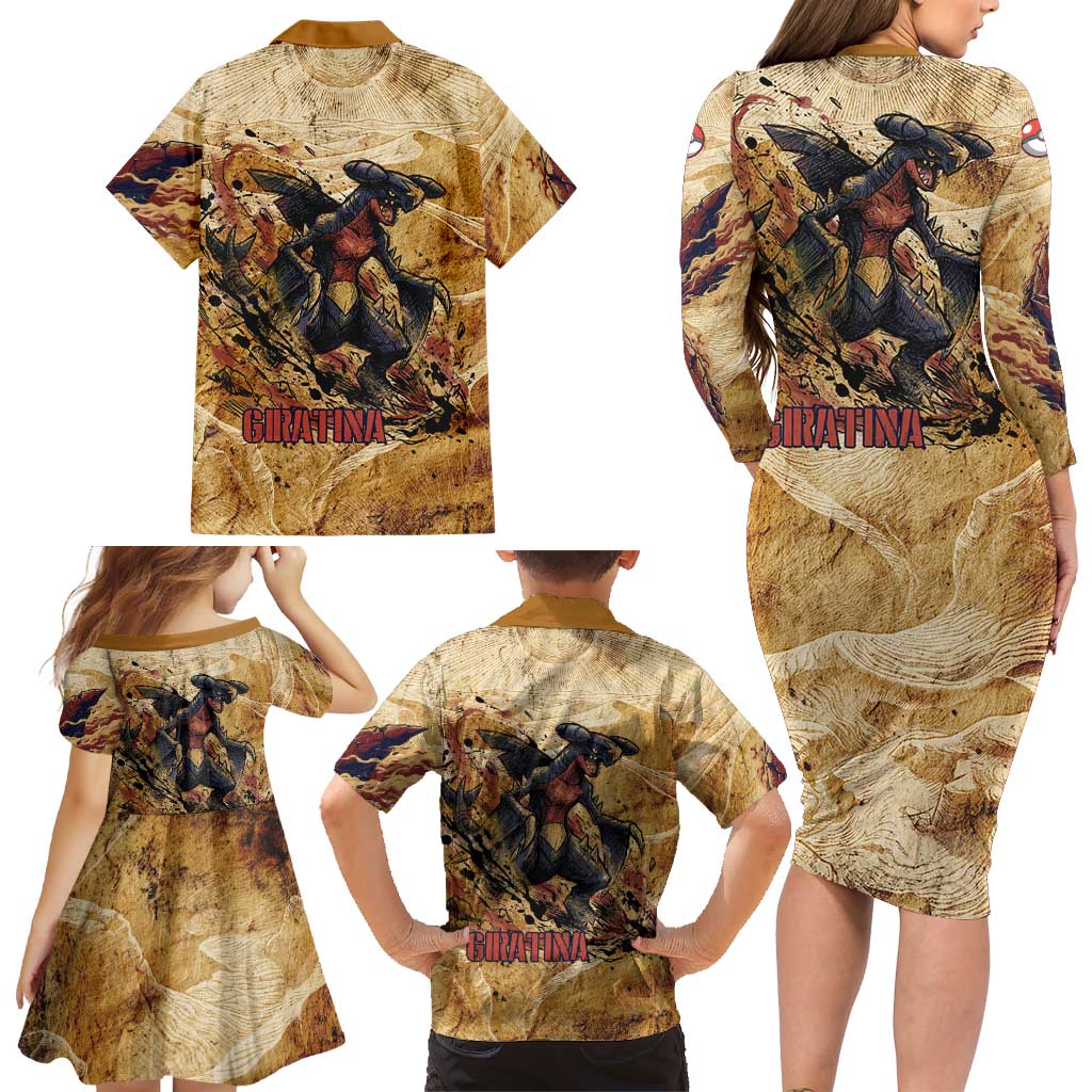 The Desert Apex Giratina Family Matching Long Sleeve Bodycon Dress and Hawaiian Shirt Grunge Ink Sandstorm Art