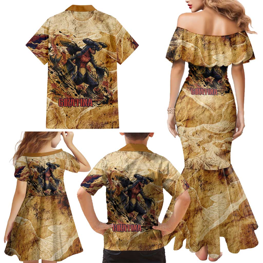 The Desert Apex Giratina Family Matching Mermaid Dress and Hawaiian Shirt Grunge Ink Sandstorm Art