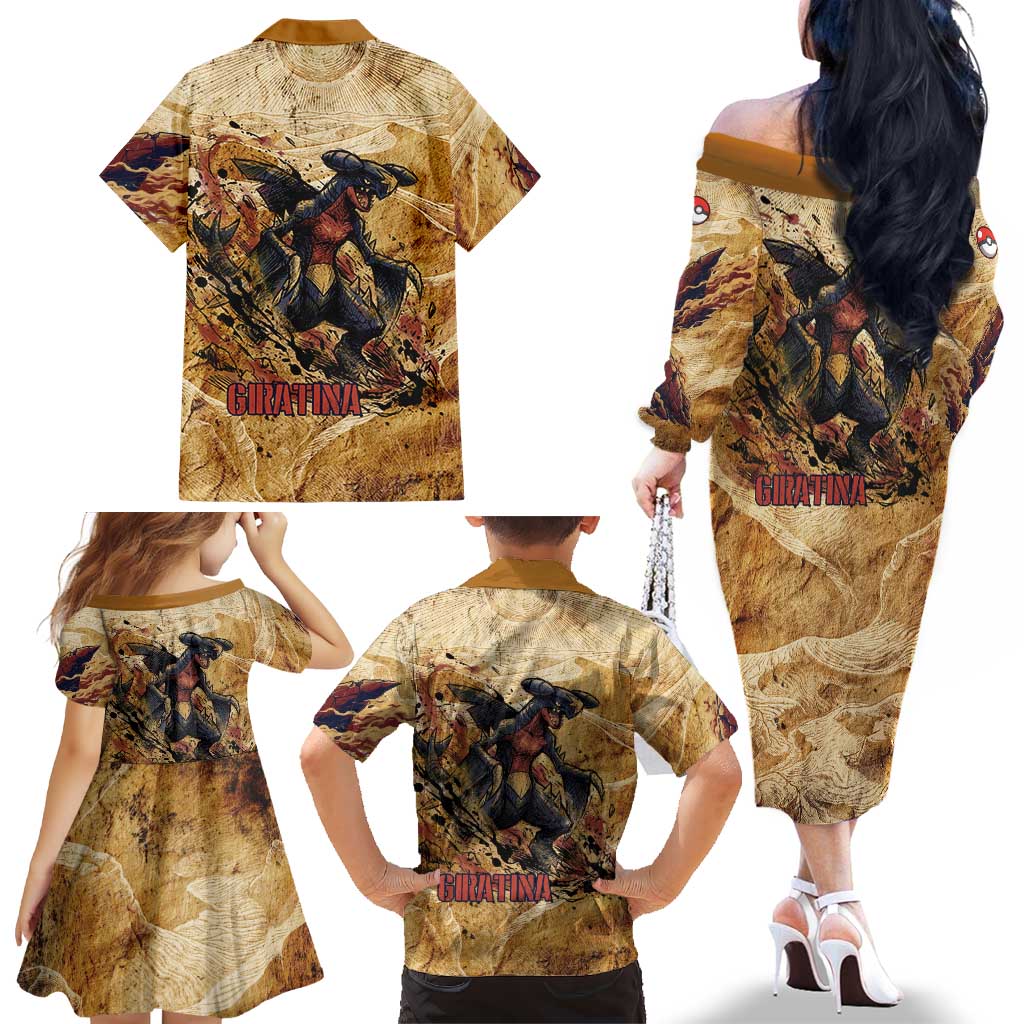 The Desert Apex Giratina Family Matching Off The Shoulder Long Sleeve Dress and Hawaiian Shirt Grunge Ink Sandstorm Art