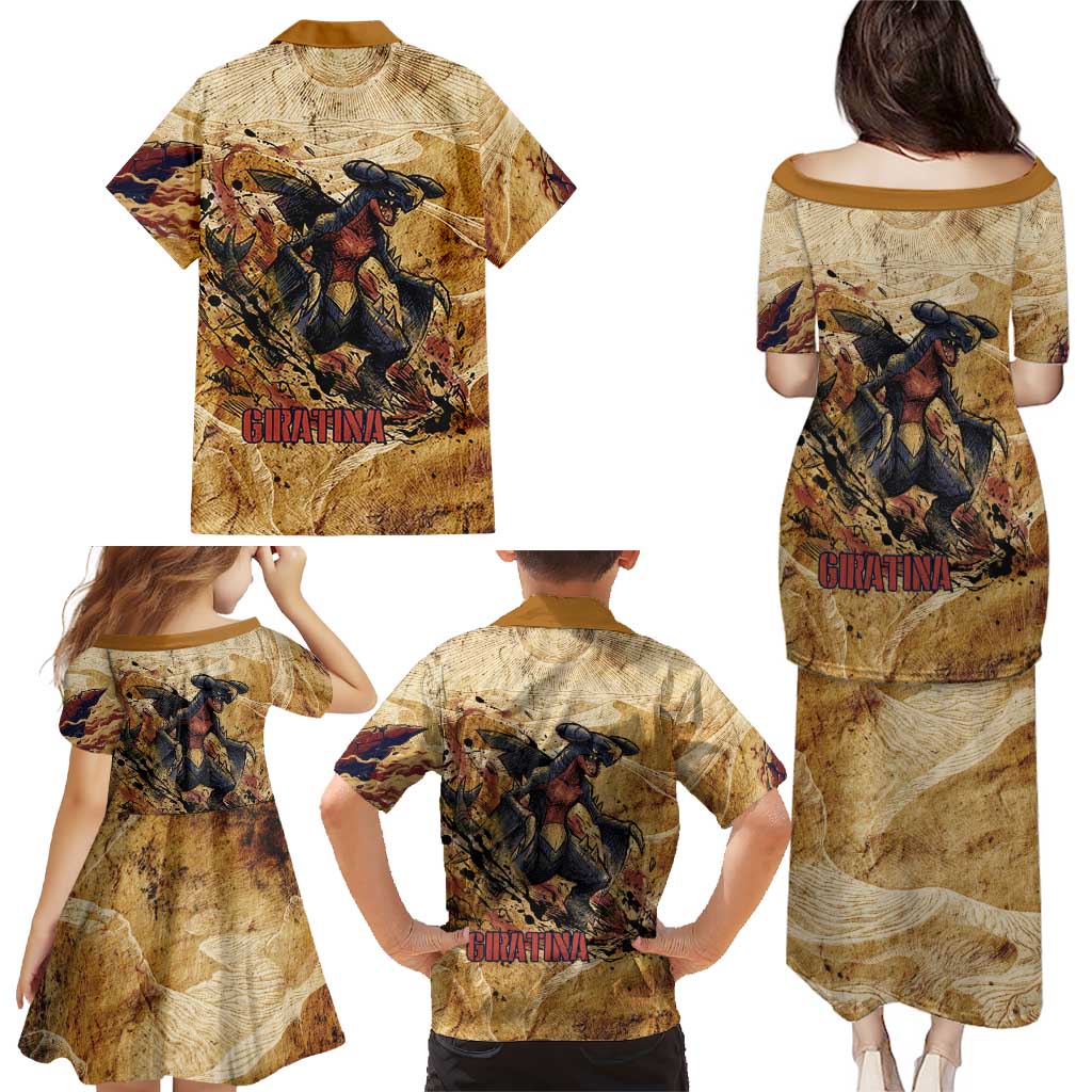 The Desert Apex Giratina Family Matching Puletasi and Hawaiian Shirt Grunge Ink Sandstorm Art