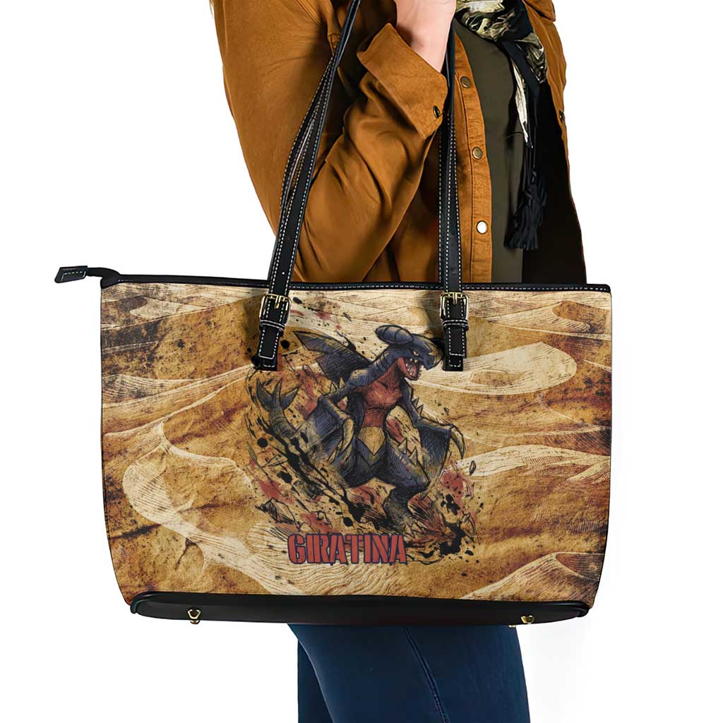 The Desert Apex Giratina Leather Tote Bag Grunge Ink Sandstorm Art