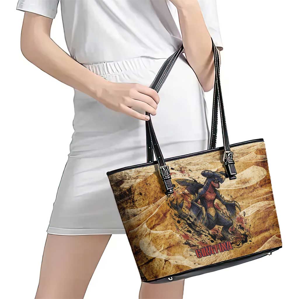 The Desert Apex Giratina Leather Tote Bag Grunge Ink Sandstorm Art