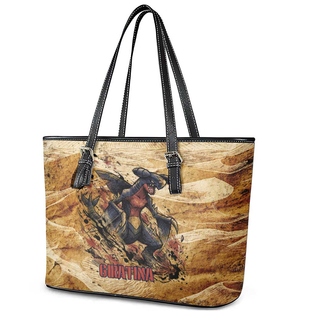 The Desert Apex Giratina Leather Tote Bag Grunge Ink Sandstorm Art