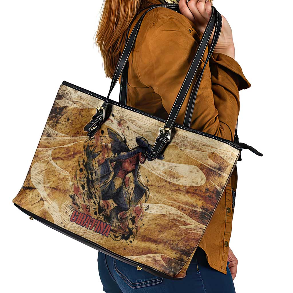 The Desert Apex Giratina Leather Tote Bag Grunge Ink Sandstorm Art