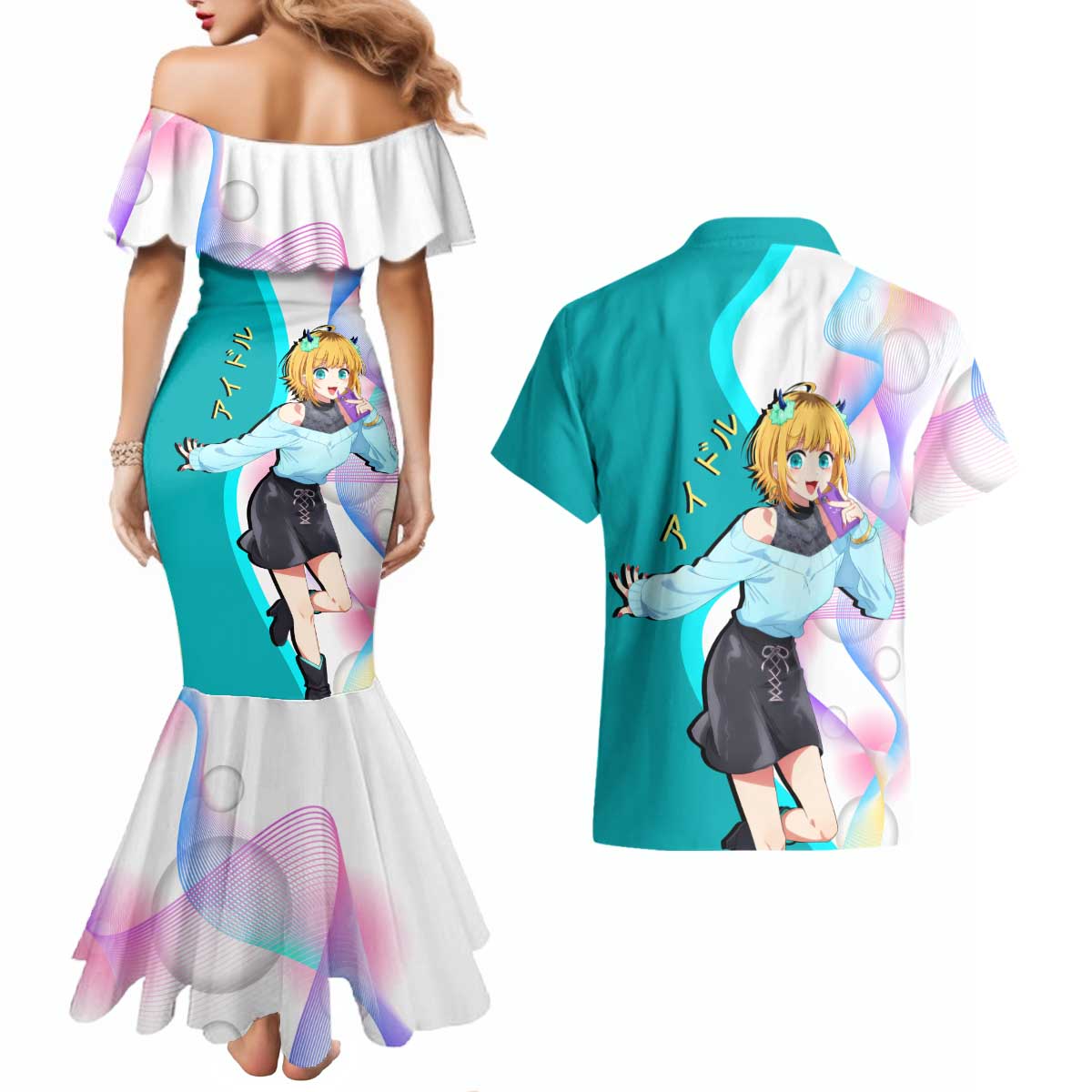 MEM-cho Idol Couples Matching Mermaid Dress and Hawaiian Shirt Playful Idol Anime Style