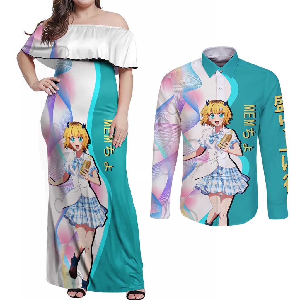 MEM-cho Idol Couples Matching Off Shoulder Maxi Dress and Long Sleeve Button Shirt Playful Idol Anime Style