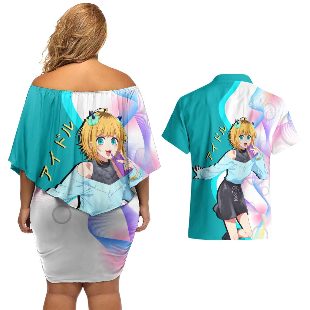 MEM-cho Idol Couples Matching Off Shoulder Short Dress and Hawaiian Shirt Playful Idol Anime Style
