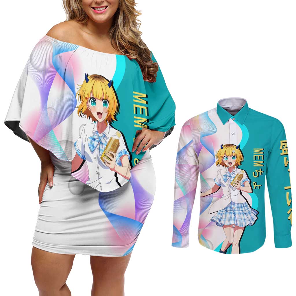 MEM-cho Idol Couples Matching Off Shoulder Short Dress and Long Sleeve Button Shirt Playful Idol Anime Style