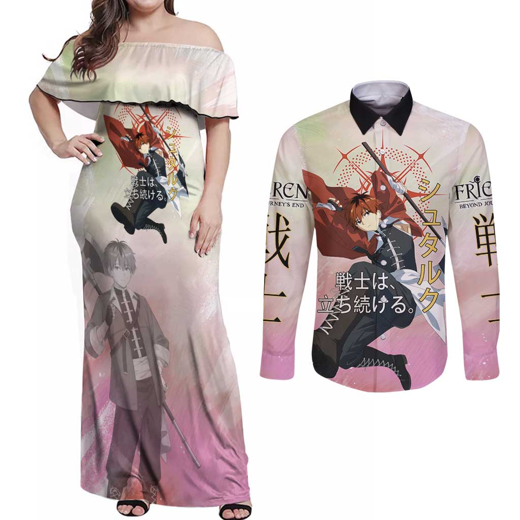 Stark Frieren Beyond Journey’s End Couples Matching Off Shoulder Maxi Dress and Long Sleeve Button Shirt Dynamic Anime Warrior Style