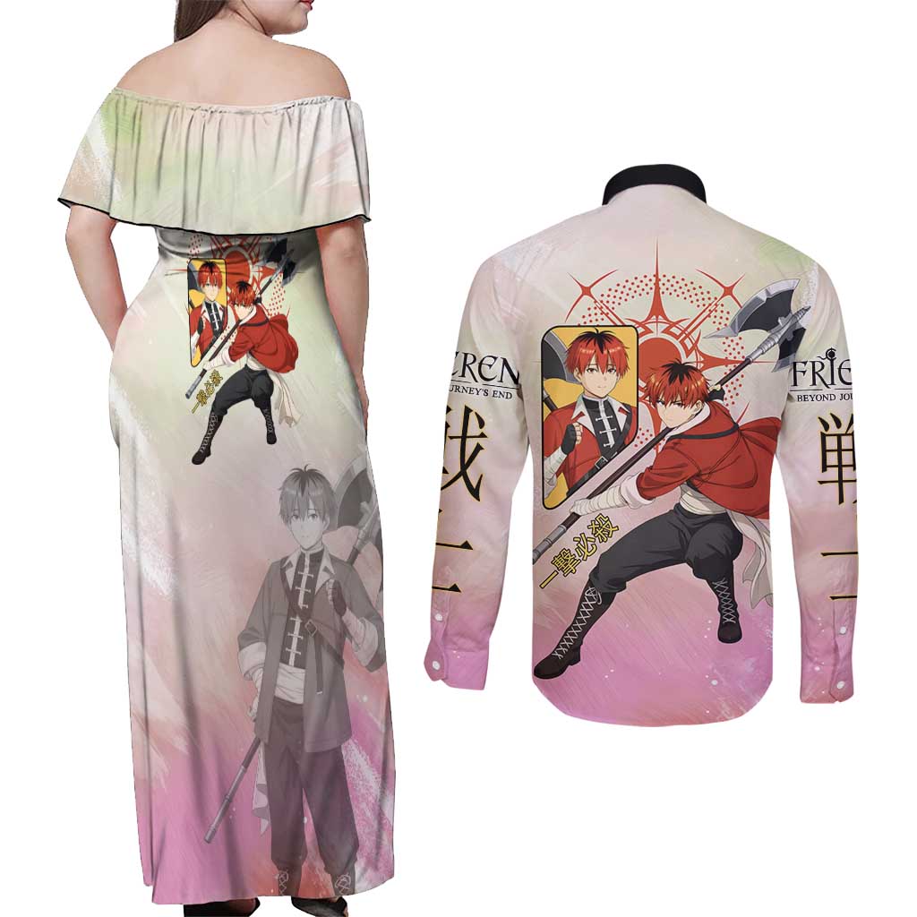 Stark Frieren Beyond Journey’s End Couples Matching Off Shoulder Maxi Dress and Long Sleeve Button Shirt Dynamic Anime Warrior Style