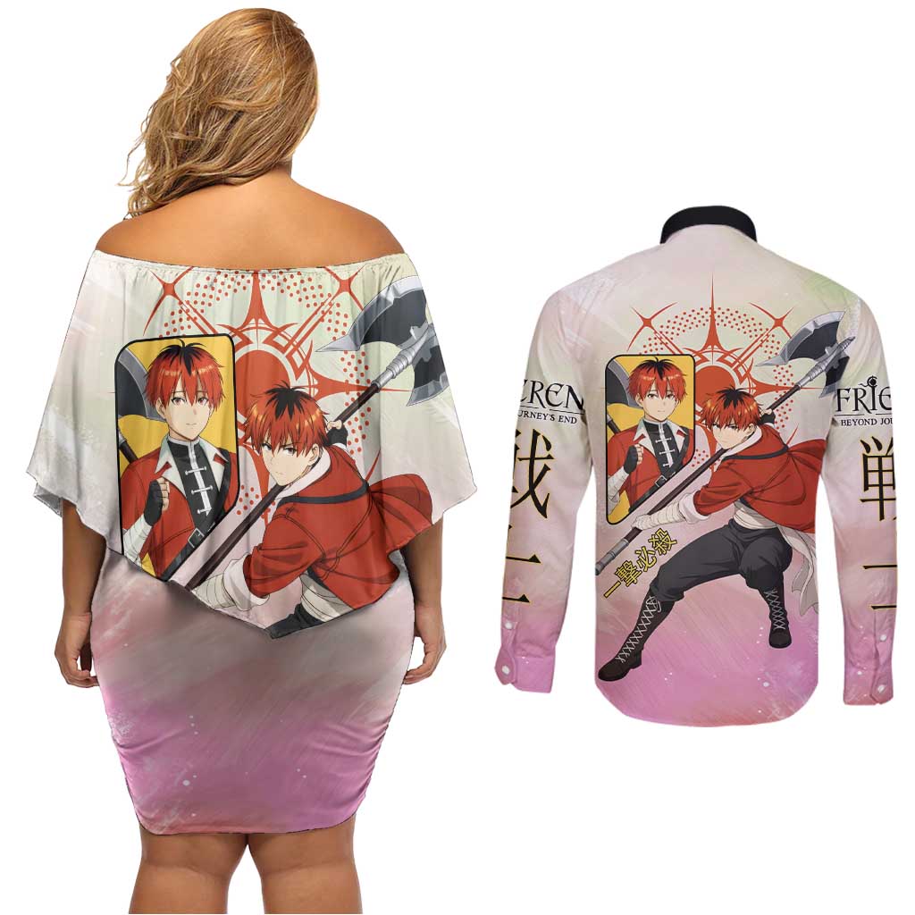 Stark Frieren Beyond Journey’s End Couples Matching Off Shoulder Short Dress and Long Sleeve Button Shirt Dynamic Anime Warrior Style
