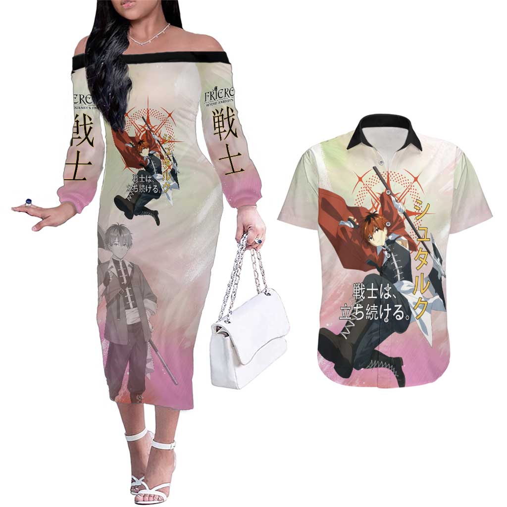 Stark Frieren Beyond Journey’s End Couples Matching Off The Shoulder Long Sleeve Dress and Hawaiian Shirt Dynamic Anime Warrior Style