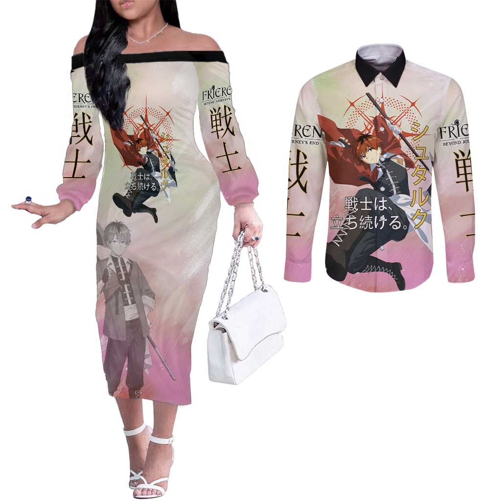 Stark Frieren Beyond Journey’s End Couples Matching Off The Shoulder Long Sleeve Dress and Long Sleeve Button Shirt Dynamic Anime Warrior Style