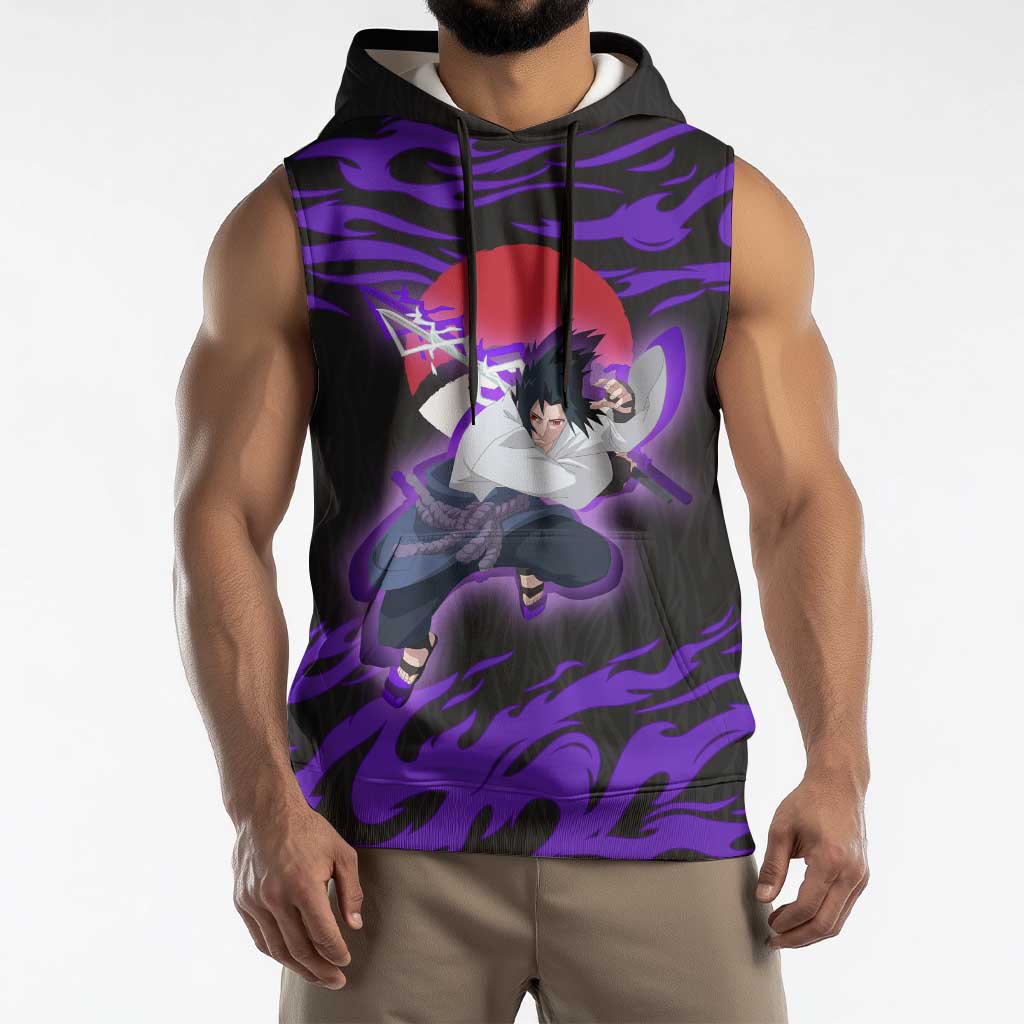 Uchiha Sasuke Naruto Sleeveless Hoodie Electric Flame Anime Sunrise Style