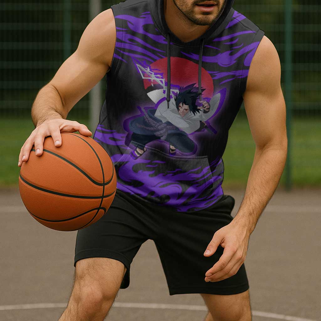 Uchiha Sasuke Naruto Sleeveless Hoodie Electric Flame Anime Sunrise Style
