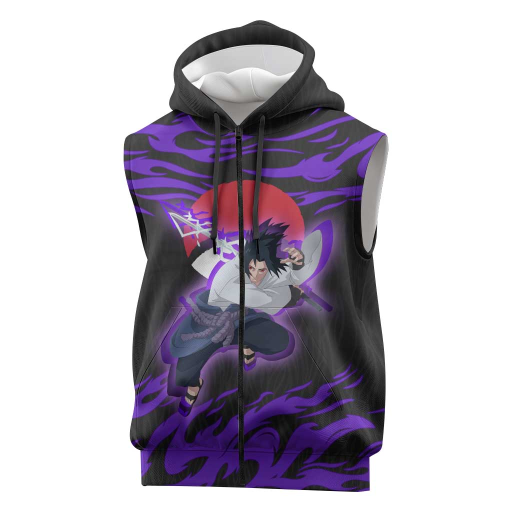 Uchiha Sasuke Naruto Sleeveless Zip Hoodie Electric Flame Anime Sunrise Style