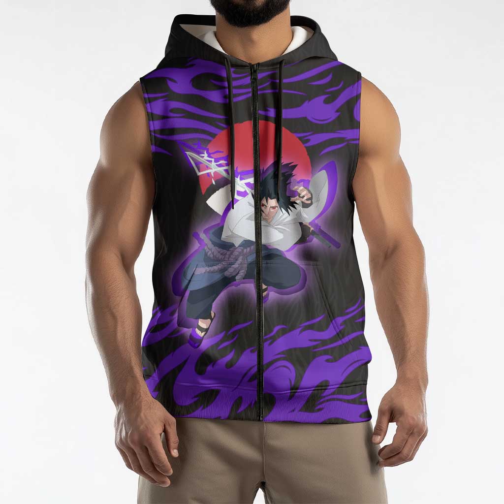Uchiha Sasuke Naruto Sleeveless Zip Hoodie Electric Flame Anime Sunrise Style