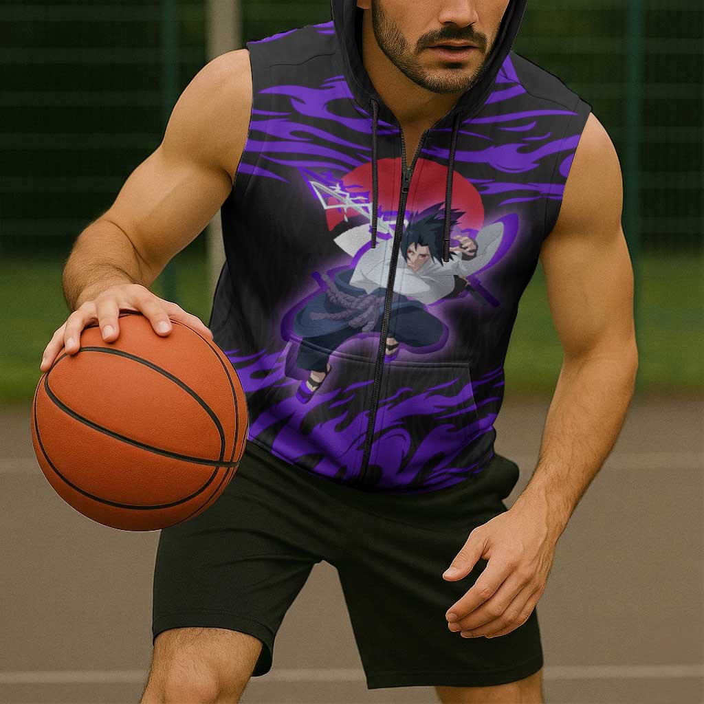 Uchiha Sasuke Naruto Sleeveless Zip Hoodie Electric Flame Anime Sunrise Style