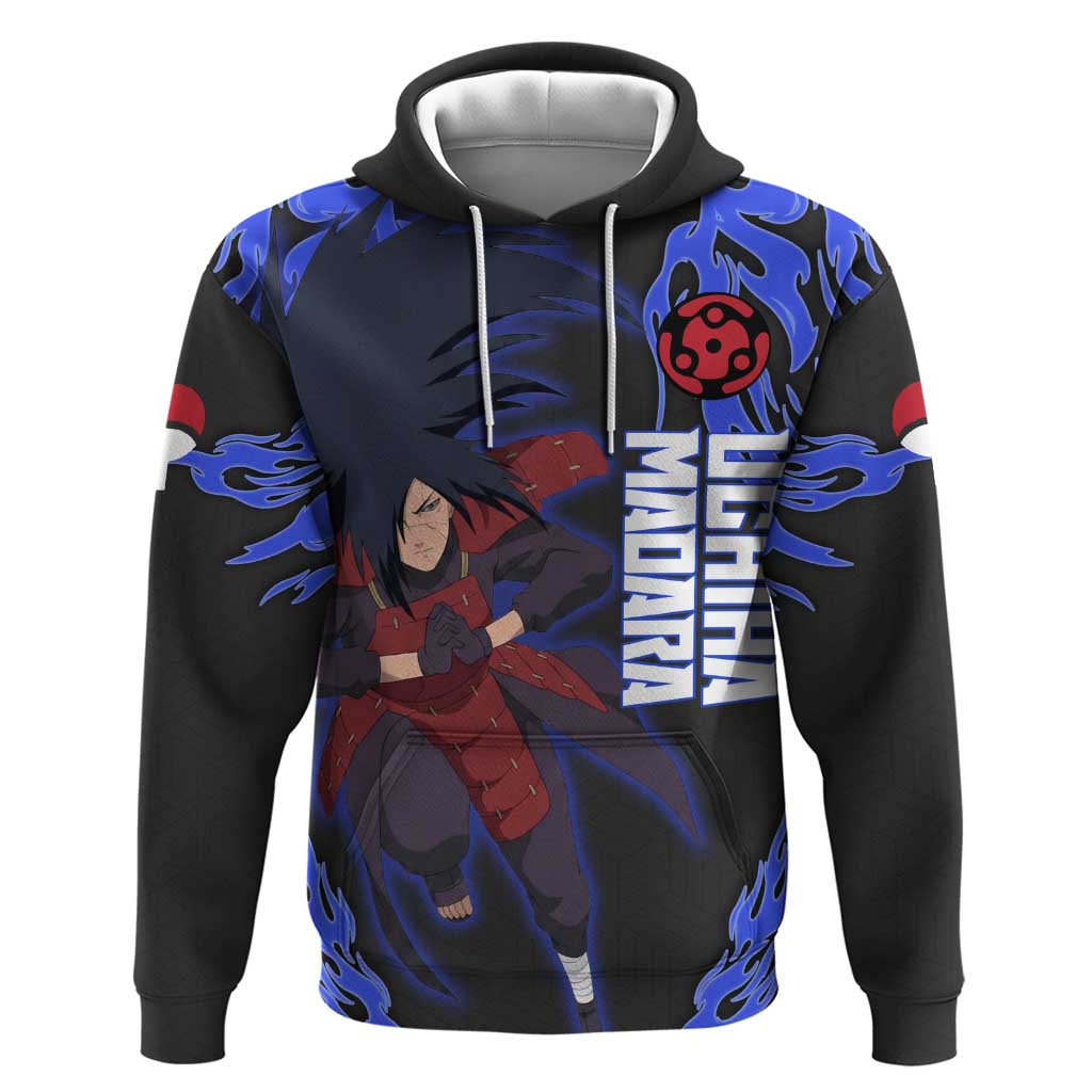 Uchiha Madara Naruto Hoodie Blue Flame Anime Clan Emblem Style